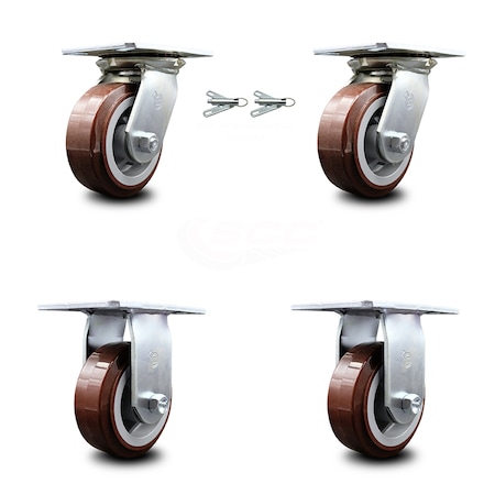 Service Caster 5 Inch Polyurethane Caster Set with Roller Bearing 2 Swivel Lock and 2 Rigid SCC SCC-35S520-PPUR-BSL-2-R-2